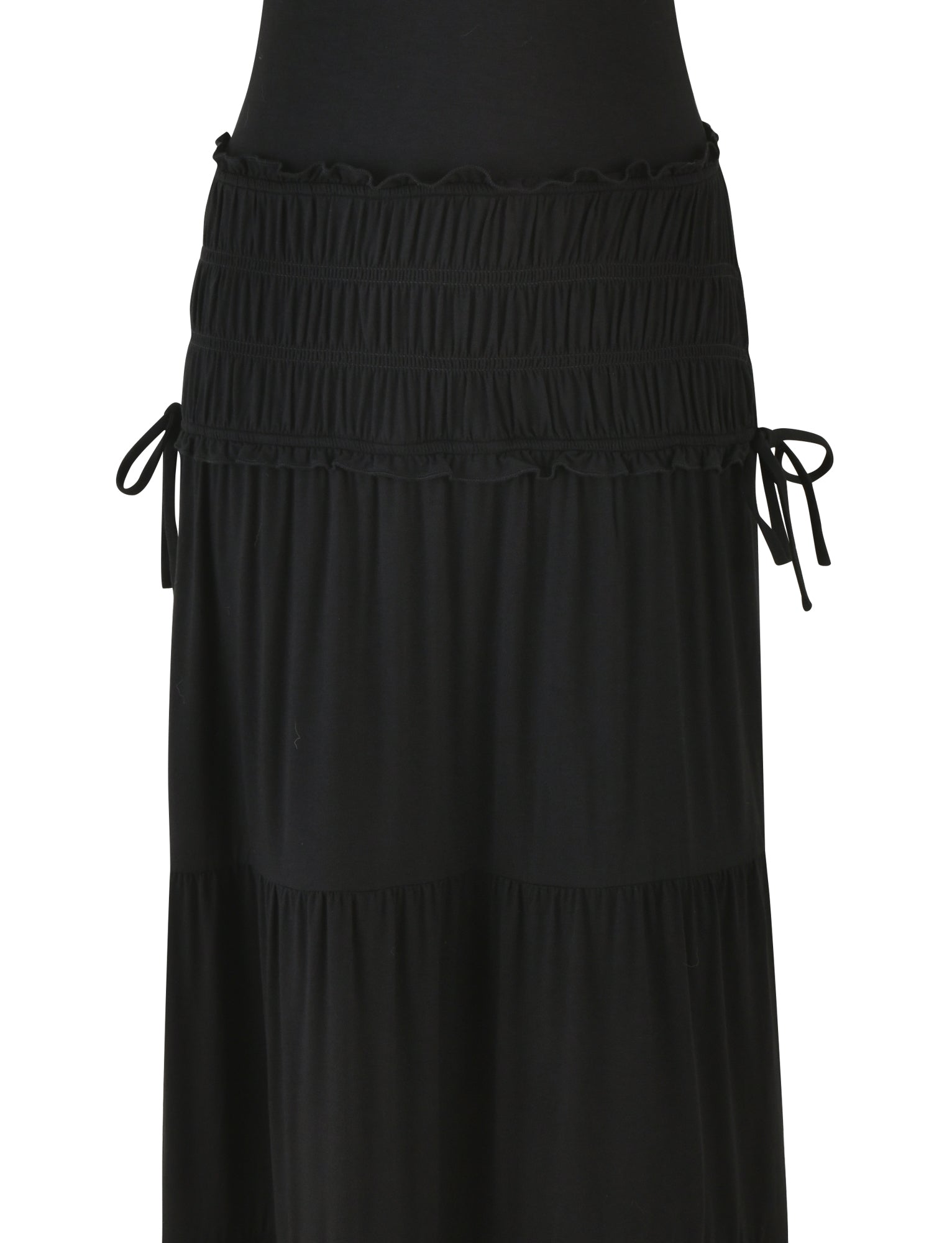 Introducing the DENALI HALTER MAXI DRESS in black by TIGERMIST, featuring a smocked waistband and subtle ruffle details crafted from buttery jersey. This dress includes adjustable ties on the sides, creating a tiered, flowing silhouette that exudes elegance.