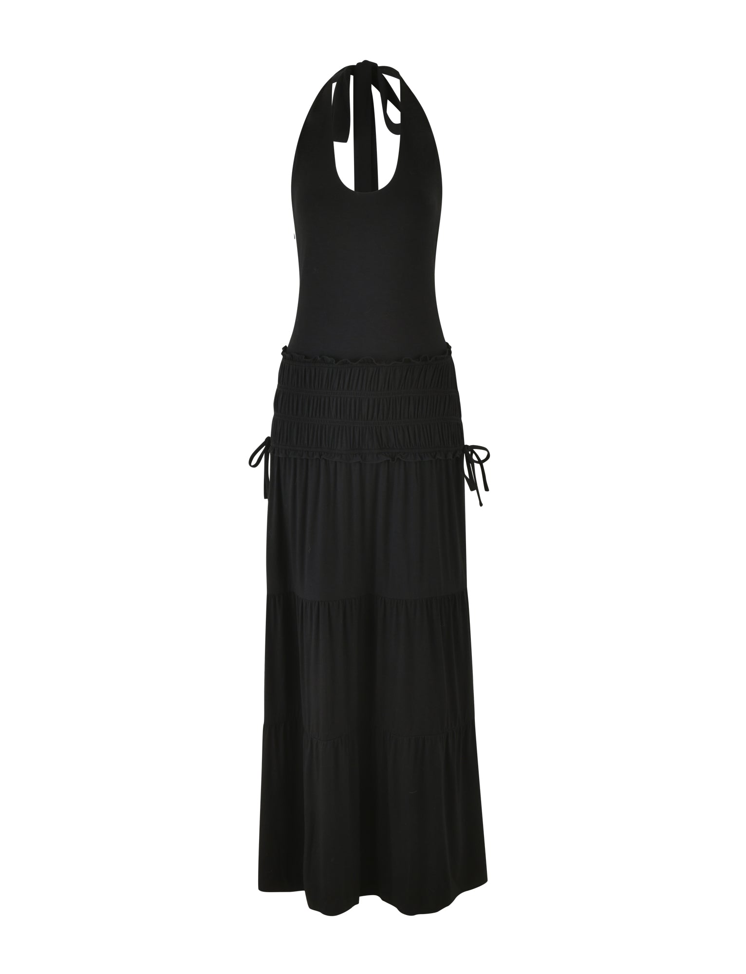 The DENALI HALTER MAXI DRESS - BLACK by TIGERMIST features a sleeveless design with a halter neck and a tiered skirt. It has a fitted top crafted from buttery jersey fabric, along with drawstring waist details that allow it to flow elegantly to the floor.