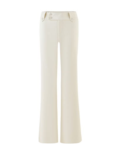 The TIGERMIST KITTIE PANT - WHITE : CREAM is a high-waisted, wide-leg pant with a subtle flare, front leg seams, two waistband buttons, and decorative side flaps.