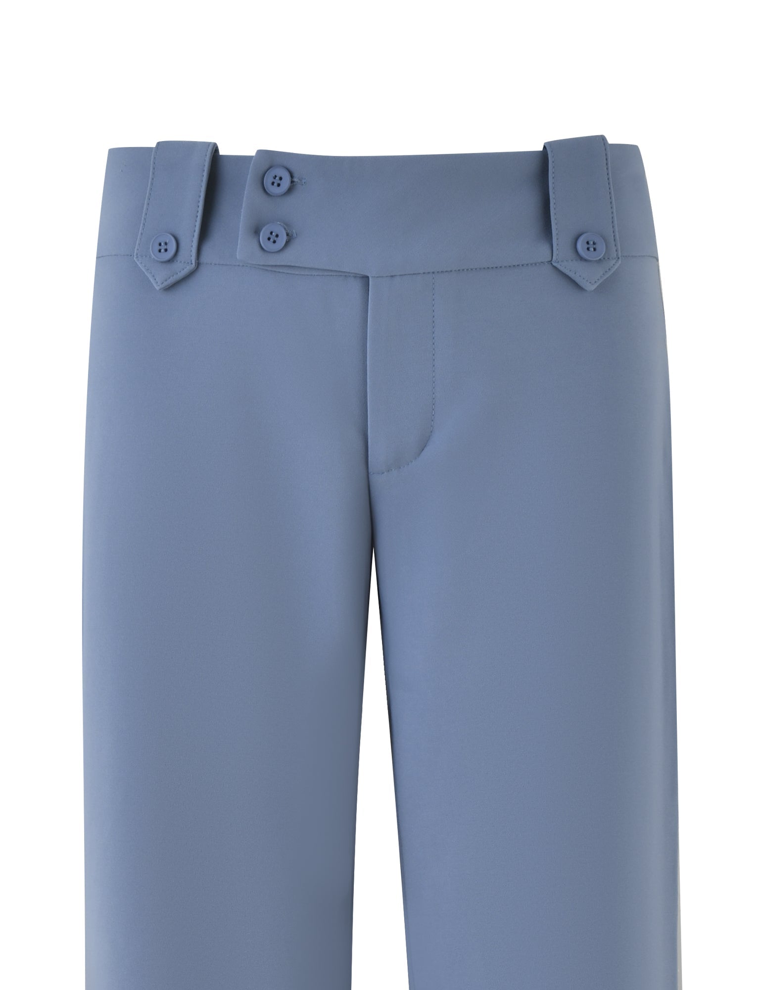 The KITTIE PANT in Steel Blue from TIGERMIST features a chic high-waisted design with a subtle flare fit and two buttoned waist straps on each side. The smooth fabric and minimalist design create a timelessly elegant silhouette, shown against a white background for a modern touch.