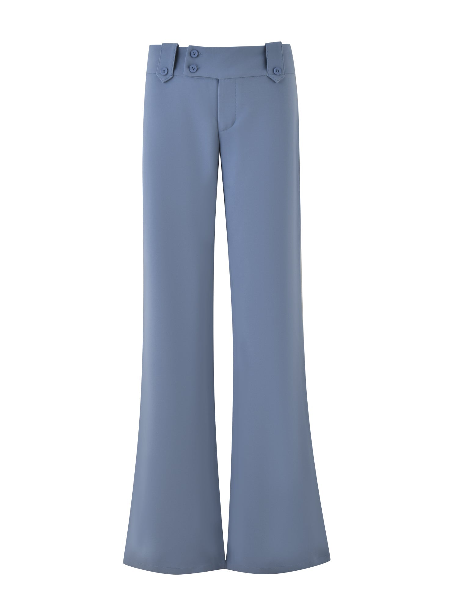 Steel blue high-waisted, wide-leg KITTIE PANT by TIGERMIST featuring a double-button closure at the waist.