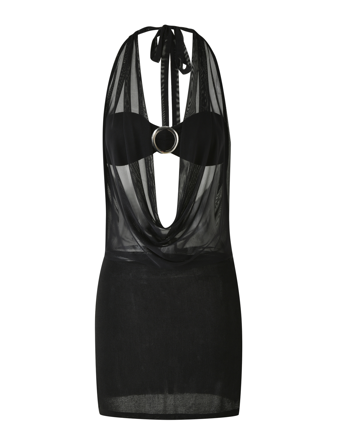 The TIGERMIST MAKENA TWO-PIECE DRESS - BLACK features a sleeveless mesh design with a deep cowl halter neckline, sheer overlay, halter tie straps, and a bold circular ring detail at the bust.