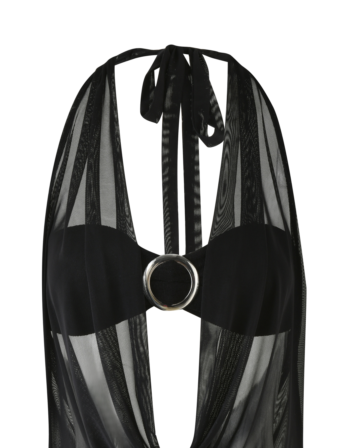 A close-up of the TIGERMIST MAKENA TWO-PIECE DRESS in black, featuring a cowl neck halter style, sheer striped fabric, a deep plunging neckline, and a large metallic ring at the center of the chest.