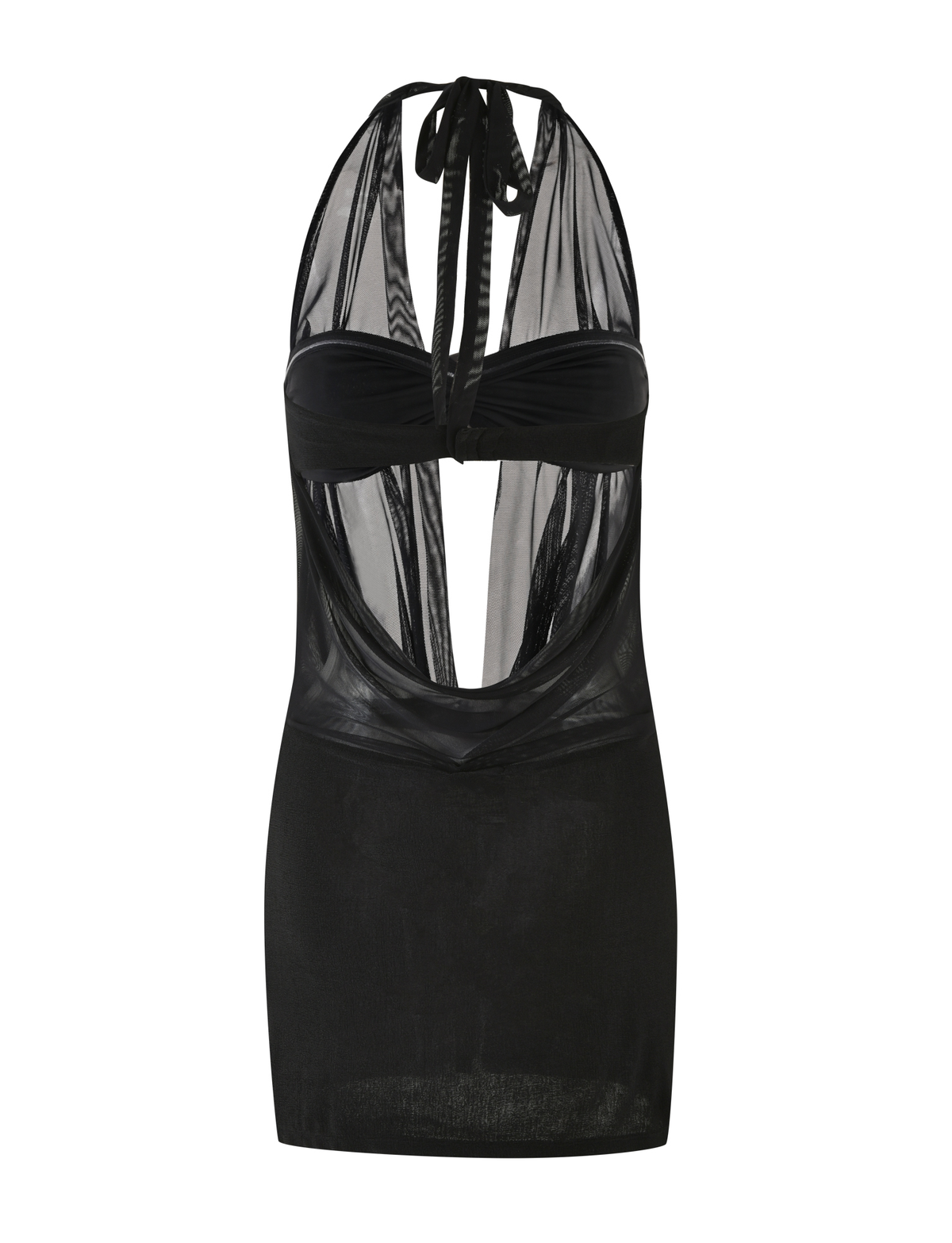 The MAKENA TWO-PIECE DRESS by TIGERMIST is a black, sleeveless mini dress with a cowl neck, sheer mesh overlay, tie-back closure, cut-out front detail, and draped neckline that combines opaque and mesh elements.