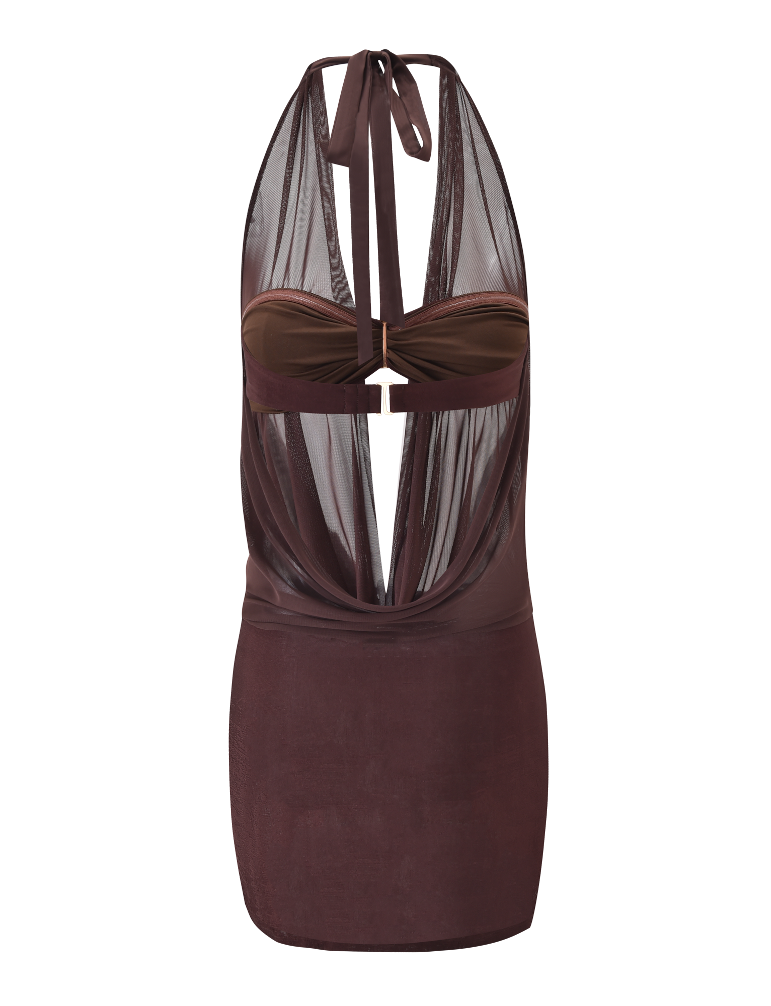 The TIGERMIST MAKENA TWO-PIECE DRESS in chocolate features a sleeveless mesh top with halter neck tie, ruched bust, bust cutout, sheer upper and an opaque skirt for a modern chic look.