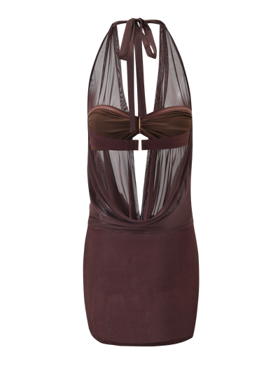 The TIGERMIST MAKENA TWO-PIECE DRESS in chocolate features a sleeveless mesh top with halter neck tie, ruched bust, bust cutout, sheer upper and an opaque skirt for a modern chic look.