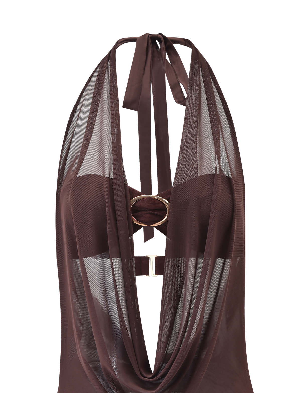 The MAKENA TWO-PIECE DRESS in chocolate by TIGERMIST features a brown mesh-inspired design with a halter neck, plunging neckline, sheer draped details, gold oval ring accent at the center, and a fabric strap tie at the neck.