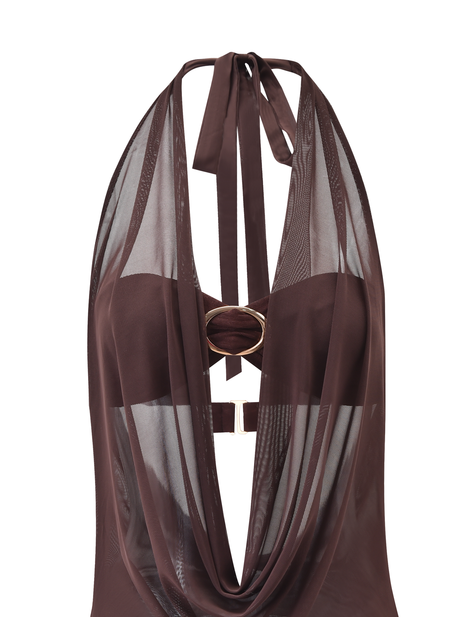 The MAKENA TWO-PIECE DRESS in chocolate by TIGERMIST features a brown mesh-inspired design with a halter neck, plunging neckline, sheer draped details, gold oval ring accent at the center, and a fabric strap tie at the neck.