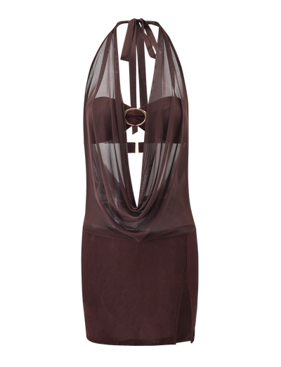 The MAKENA TWO-PIECE DRESS by TIGERMIST features a chocolate mesh design with a sleeveless, sheer draped halter neckline, front cut-out, and high side slit.