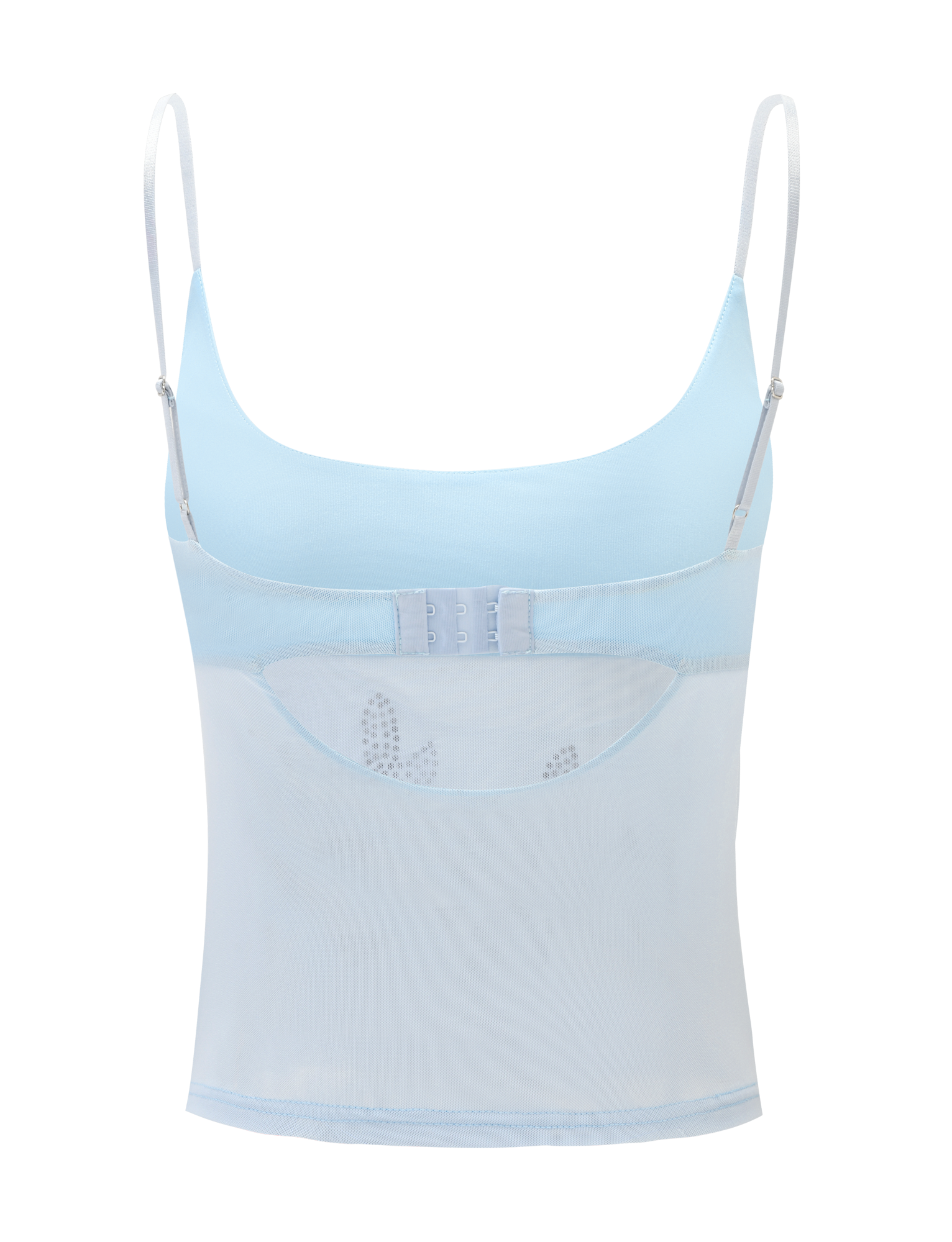 The TIGERMIST OCTAVIA TOP - BABY BLUE features spaghetti straps, an adjustable hook-and-eye closure, and a sheer mesh lower back panel that reveals its inner bra structure.