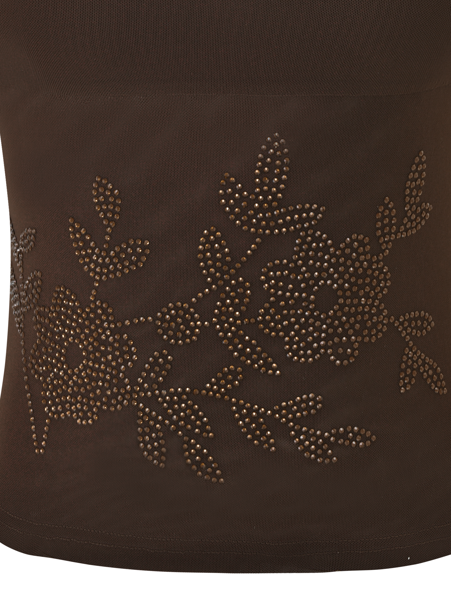 The OCTAVIA TOP - CHOCOLATE by TIGERMIST features chocolate brown fabric adorned with floral details and small, round gold studs arranged as flowers and leaves.