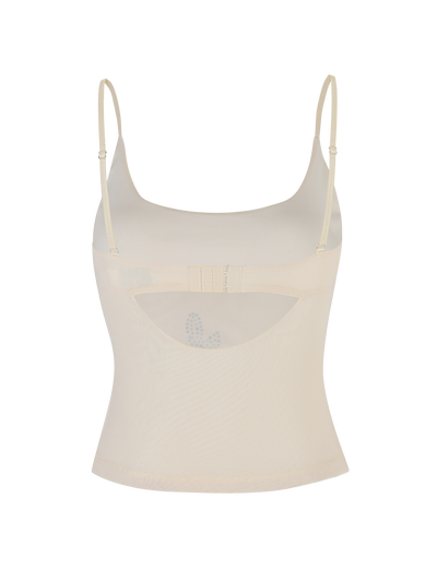 The OCTAVIA TOP - NEUTRAL : CREAM by TIGERMIST is a sheer cream camisole with thin adjustable straps, a back cutout, delicate stitching, and a subtle butterfly detail visible through the fabric.