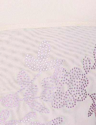 Close-up of the OCTAVIA TOP - NEUTRAL : CREAM by TIGERMIST, featuring sheer white mesh with light purple sequin floral and leaf patterns for a delicate, decorative look.