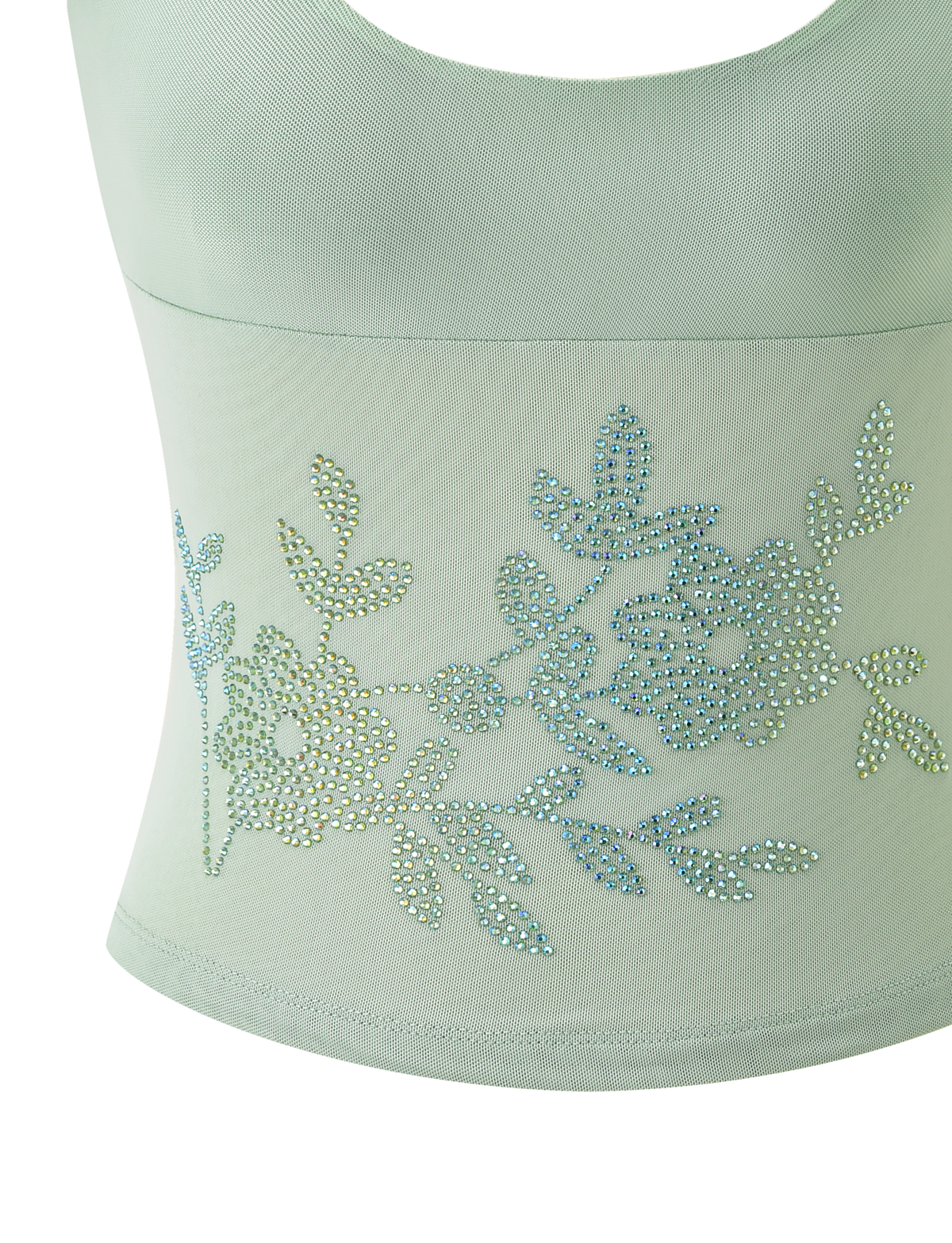 The OCTAVIA TOP - PISTACHIO by TIGERMIST is a pastel green crop top adorned with intricate blue and yellow rhinestone floral embellishments and leafy accents on the front.