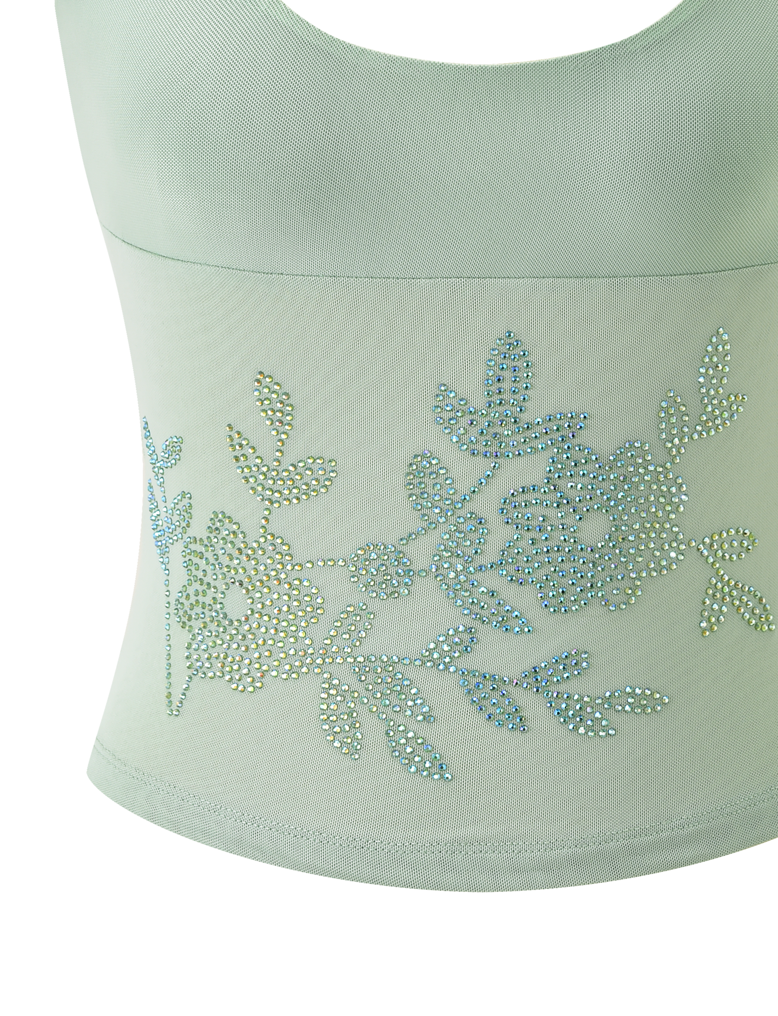 The OCTAVIA TOP - PISTACHIO by TIGERMIST is a pastel green crop top adorned with intricate blue and yellow rhinestone floral embellishments and leafy accents on the front.