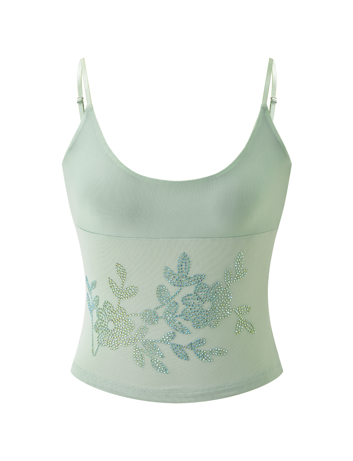 The TIGERMIST OCTAVIA TOP - PISTACHIO is a pastel green tank with thin adjustable straps and a sparkling rhinestone floral embellishment on the front.
