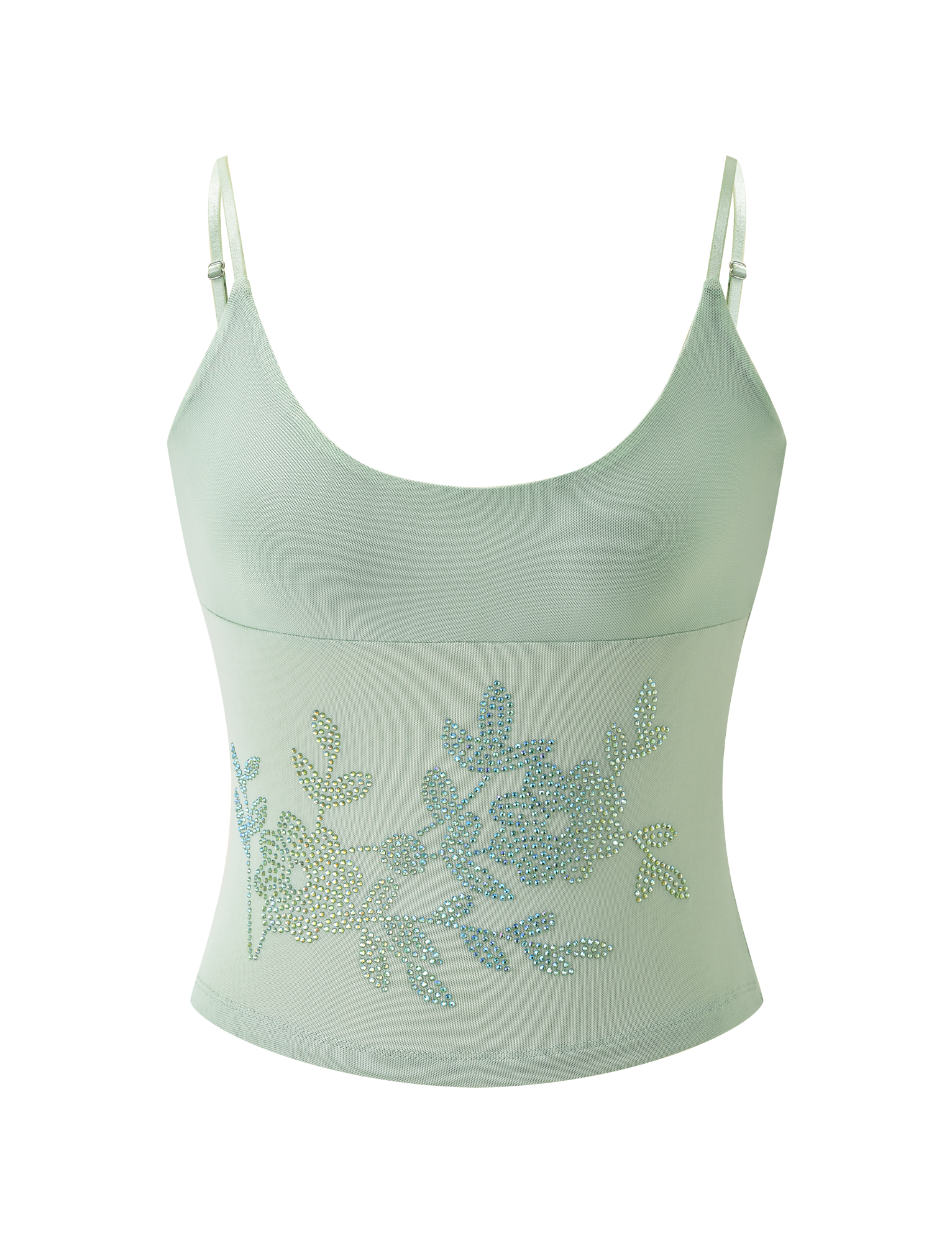 The TIGERMIST OCTAVIA TOP - PISTACHIO is a pastel green tank with thin adjustable straps and a sparkling rhinestone floral embellishment on the front.