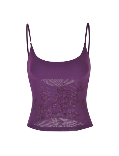 The OCTAVIA TOP by TIGERMIST is a purple spaghetti-strap camisole with adjustable straps and a sheer midsection adorned with small rhinestone floral embellishments, shown on a white background.