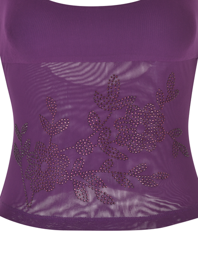 The OCTAVIA TOP - PURPLE by TIGERMIST is a sheer purple mesh top with small rhinestone floral embellishments, elegantly covering the midsection.