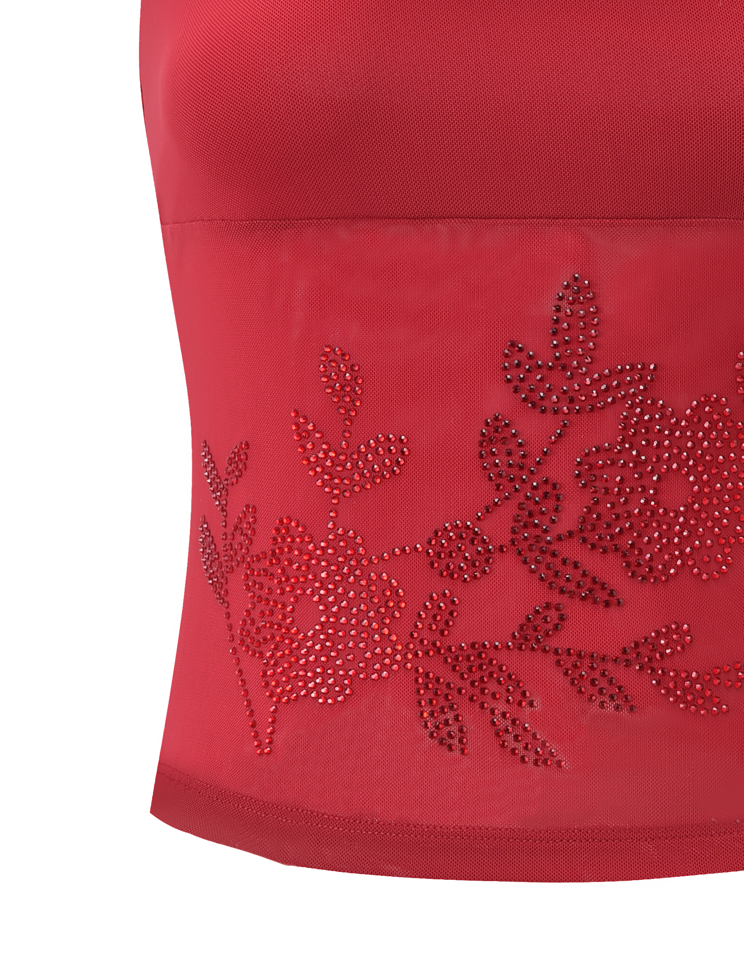 A close-up of the TIGERMIST OCTAVIA TOP - RED, showcasing its sheer mesh panel decorated with rhinestone floral and leaf designs.