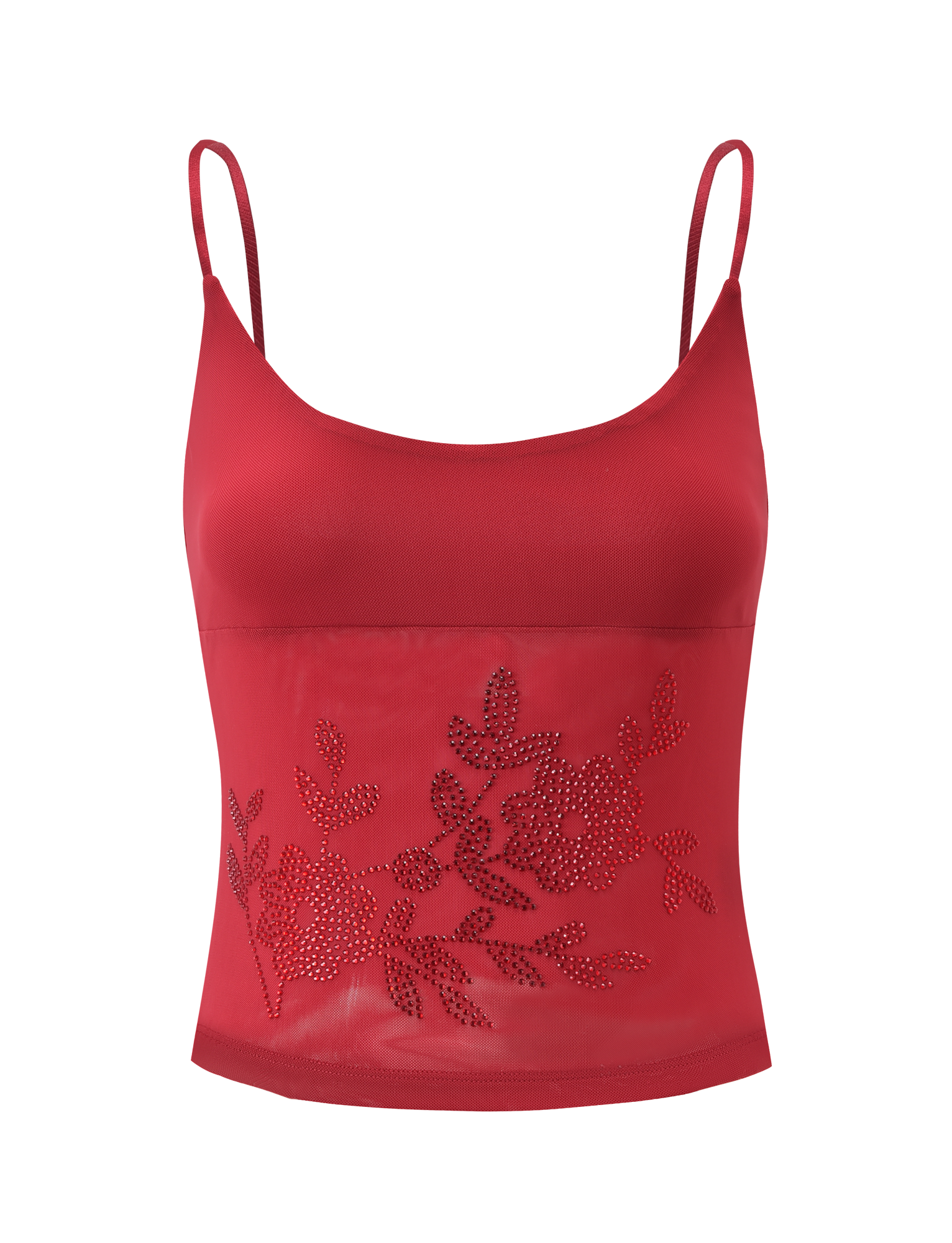 The OCTAVIA TOP - RED by TIGERMIST features spaghetti straps, a sheer mesh panel, and a floral rhinestone-embellished front.