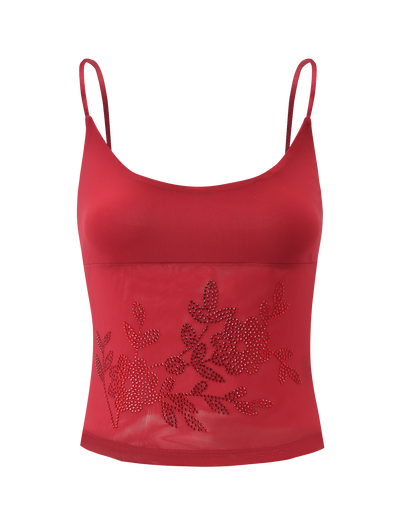 The OCTAVIA TOP - RED by TIGERMIST features spaghetti straps, a sheer mesh panel, and a floral rhinestone-embellished front.