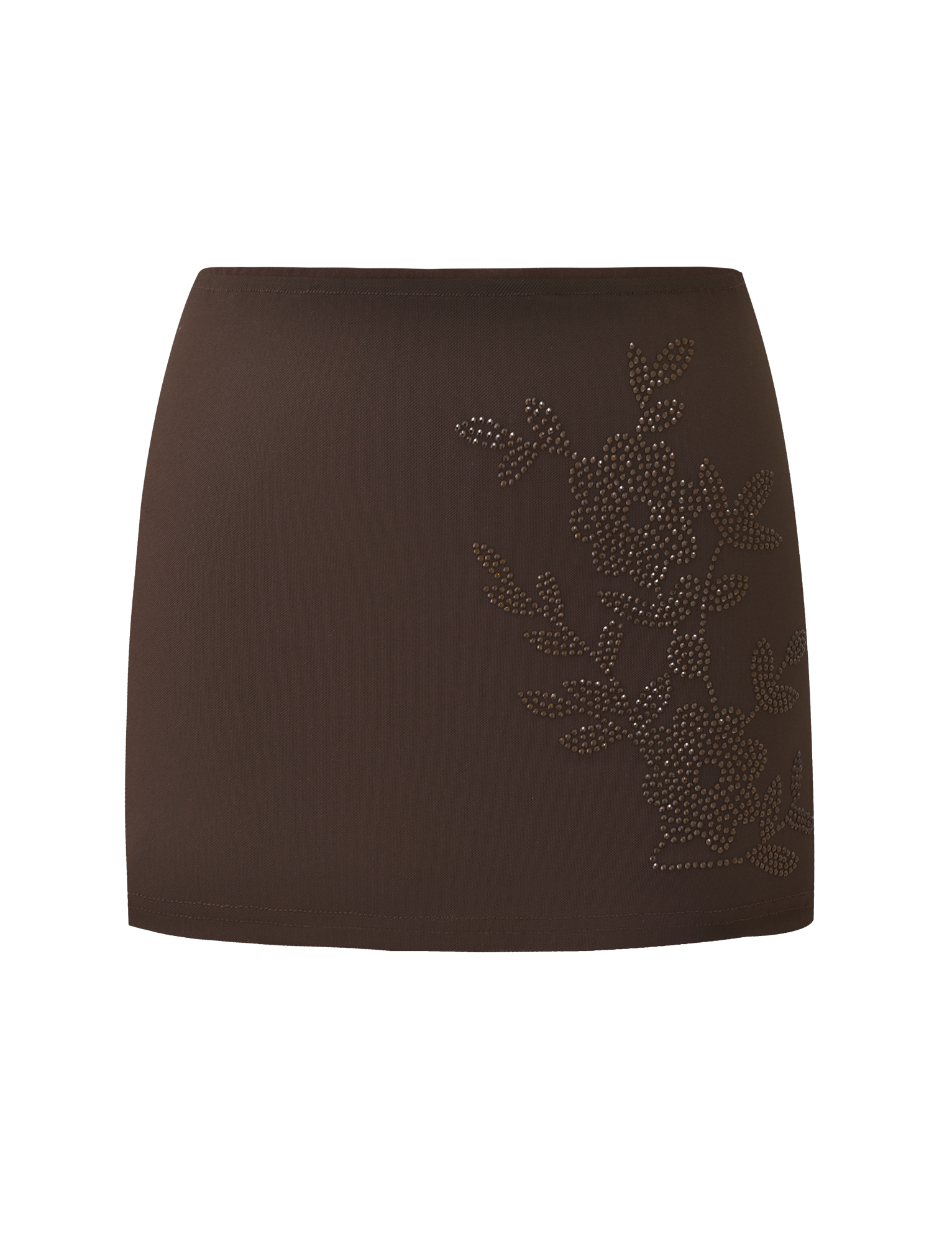 The Tiger Mist CL - OCTAVIA MINI SKIRT is a brown mini skirt with a floral pattern of small, shiny studs on one side.