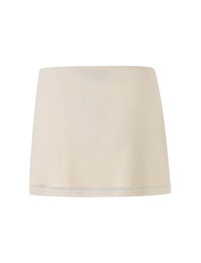 The OCTAVIA MINI SKIRT - NEUTRAL : CREAM by TIGERMIST is a simple, light beige mini skirt with a straight cut and no embellishments, shown against a white background.