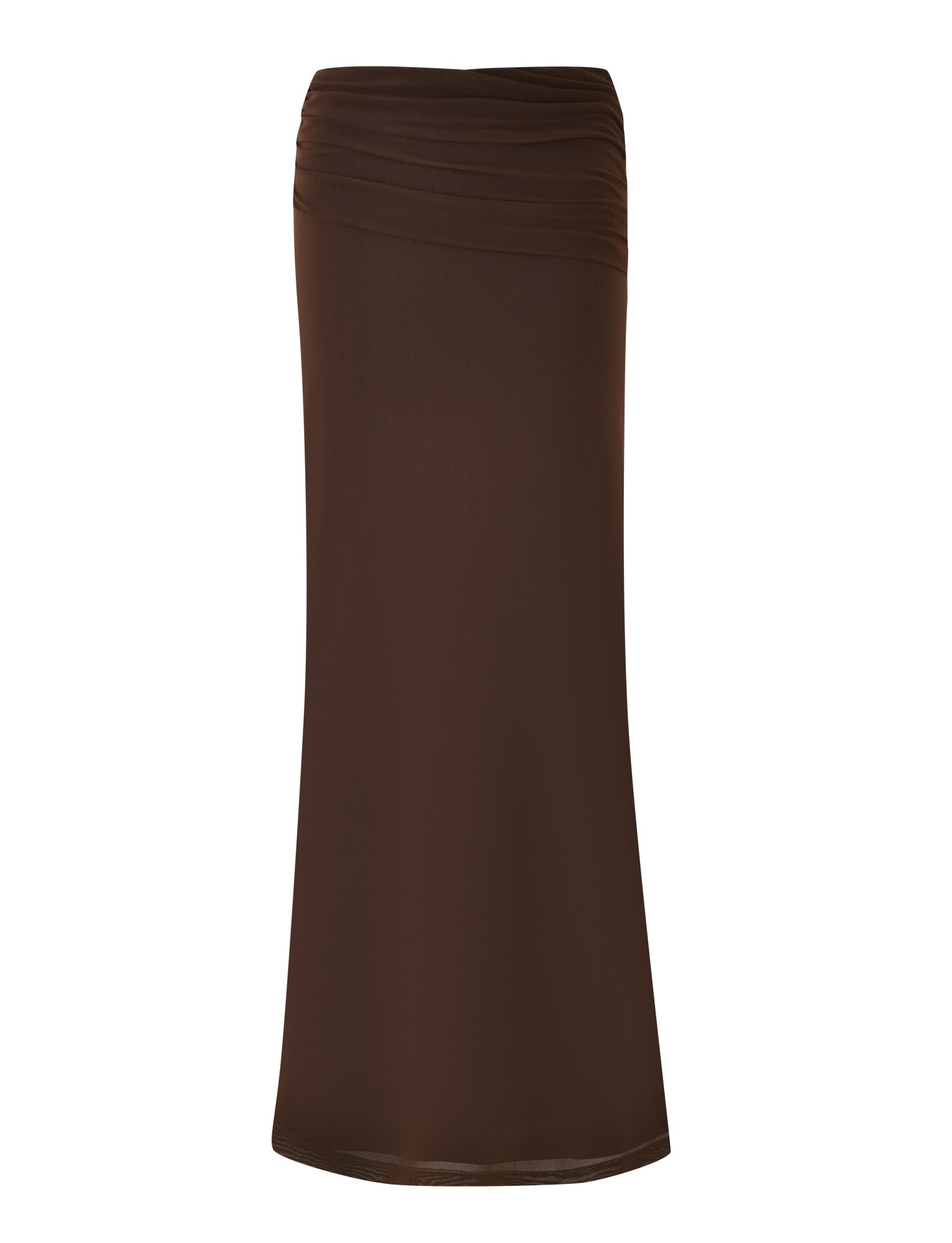 The TIGERMIST ESHA MAXI SKIRT in Chocolate Brown features a smooth fabric and an asymmetrical waistband, shown against a white background.