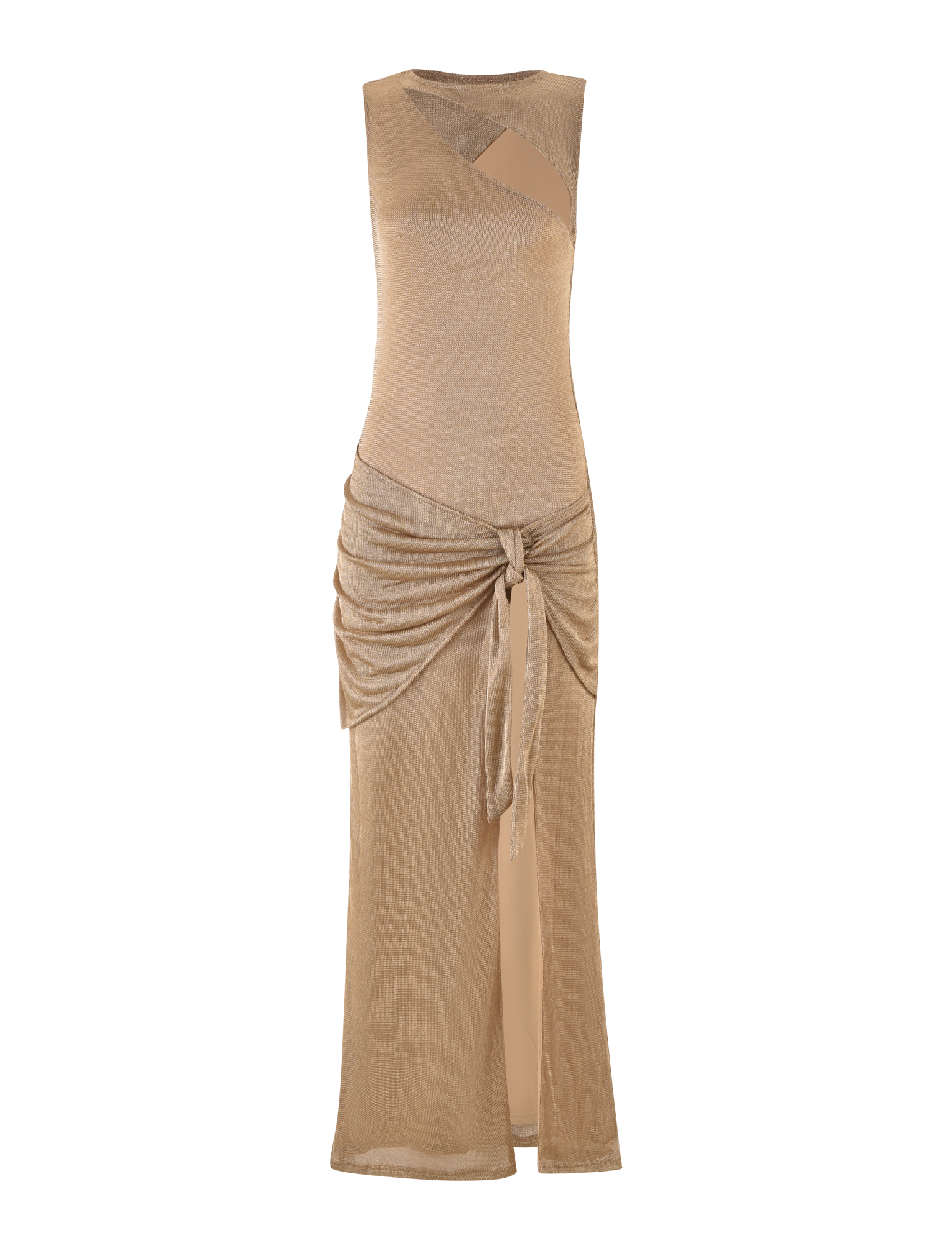 The AZELMA MAXI DRESS - GOLD by TIGERMIST is a sleeveless, floor-length gold maxi with sheer shimmery fabric, an asymmetrical neckline cutout, and a knotted waist for an elegant look.