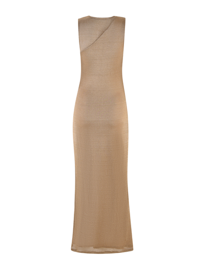 The TIGERMIST AZELMA MAXI DRESS in gold is sleeveless, full-length, and features a sheer fabric with a subtle asymmetrical seam across the upper back, shown against a plain white background.