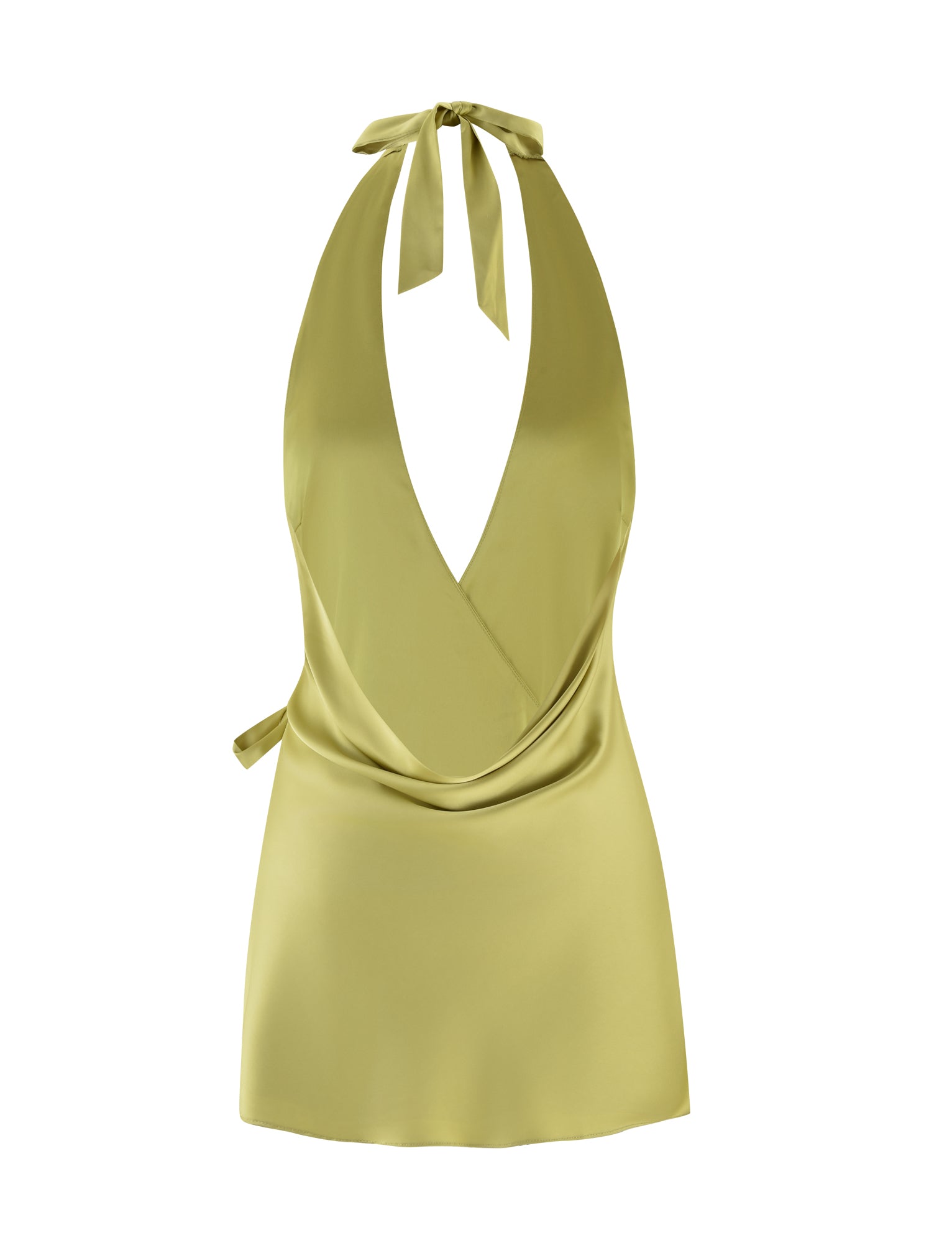 Introducing the Monroe 2.0 Mini Dress by Tigermist: a stylish, sleeveless pistachio-green satin wrap top featuring a deep V-neck and wide halter straps that tie elegantly at the back. This sophisticated piece showcases a draped front and wrap-around design, making it an ideal addition to elevate your wardrobe.