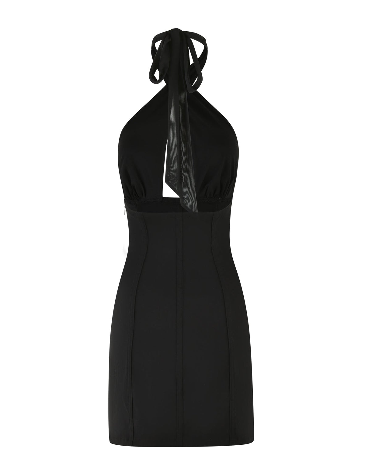 The JANECE MINI DRESS - BLACK by TIGERMIST is a black sleeveless halter dress with a fitted bodice and crisscross strap detail at the back. It features a mesh-lined bust for added elegance and boasts a subtle seam design for a streamlined appearance.
