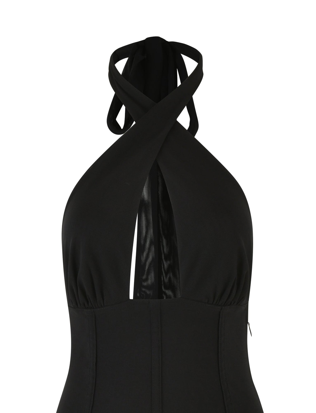 The JANECE MINI DRESS by TIGERMIST is a stylish black halter dress with a crisscross neckline and a fitted waist, enhanced by a mesh-lined bust for added allure.