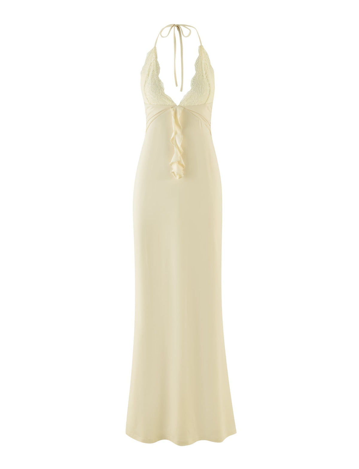 The DEENA MAXI DRESS - YELLOW : LEMON by TIGERMIST is a sleeveless, maxi-length gown in a vibrant lemon color. It boasts lace detailing around the halter neckline and lace bust cups, with a tied back and flowing silhouette, making it perfect for any elegant occasion.