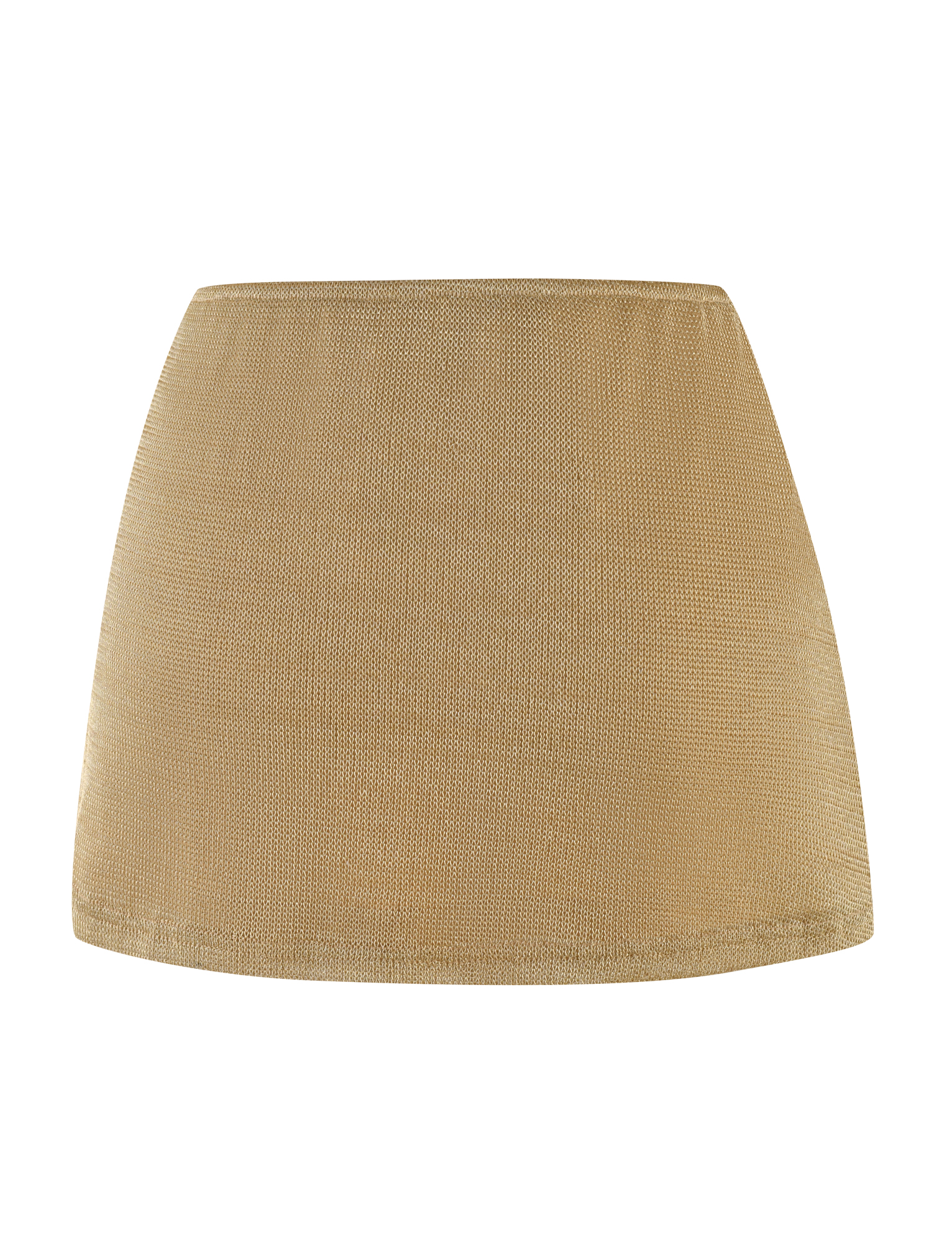 The TIGERMIST OCTAVIA MINI SKIRT - GOLD showcases a metallic gold knit in a slight A-line silhouette with a smooth finish, free from visible closures or embellishments, photographed on a white background.