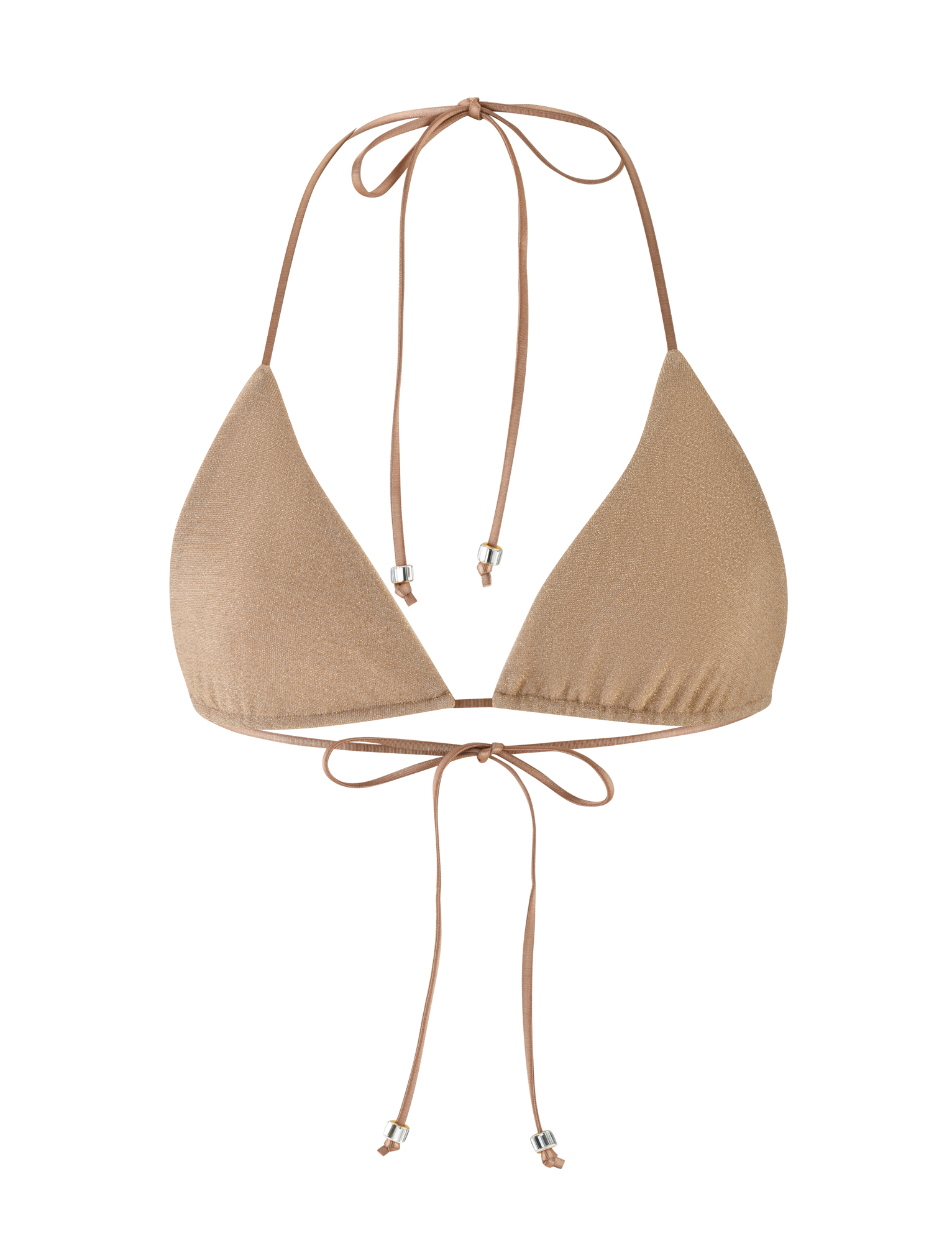 The AVE BIKINI TOP - GOLD by TIGERMIST is a tan triangle bikini top with a true-tie halter neck and thin straps that tie at the neck and back, finished with small metallic beads on the ends.