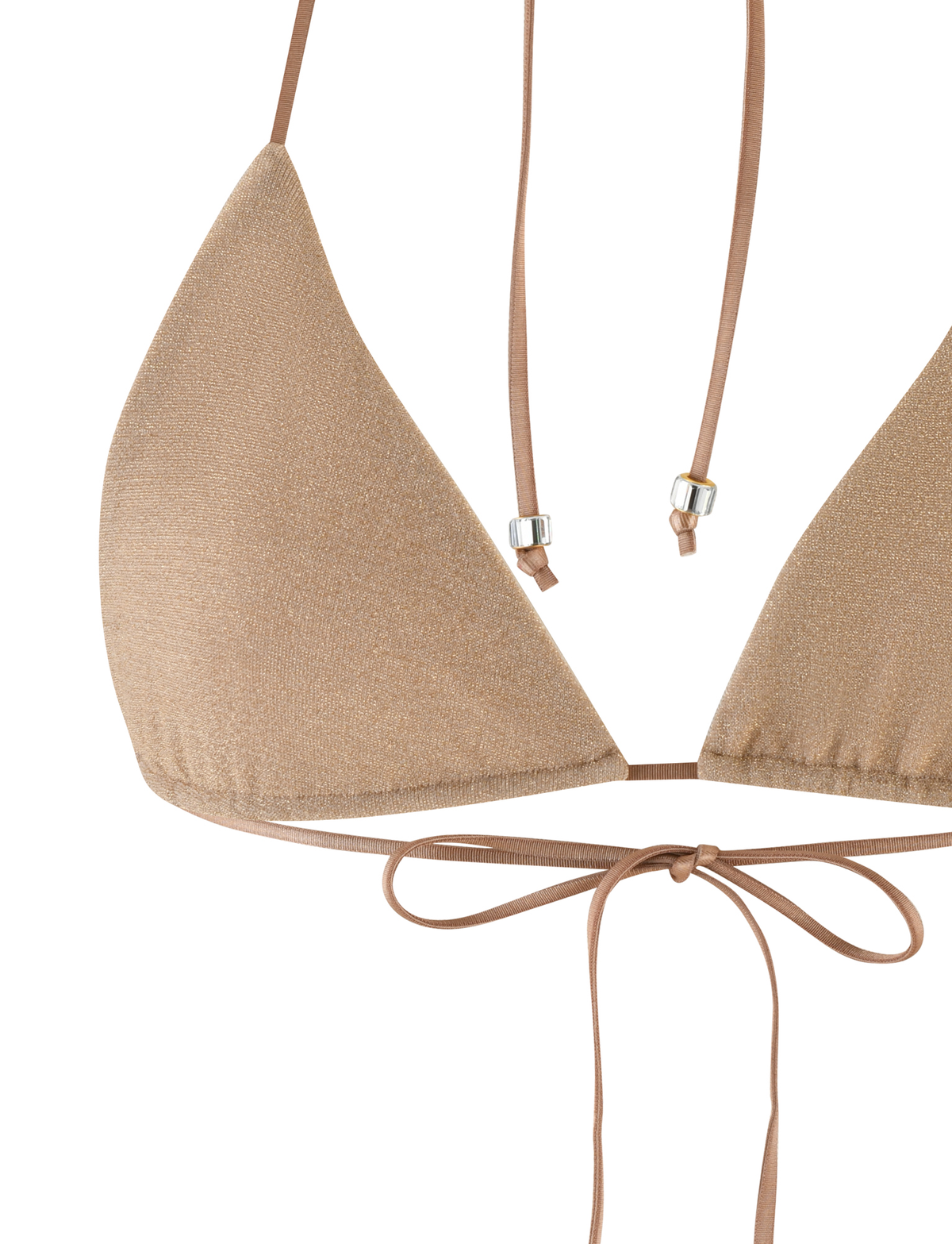 The AVE BIKINI TOP - GOLD by TIGERMIST features a light brown gold sparkle fabric with a sheen, thin straps, metallic details, and a true-tie halter neck finished with a front bow for an elegant look.