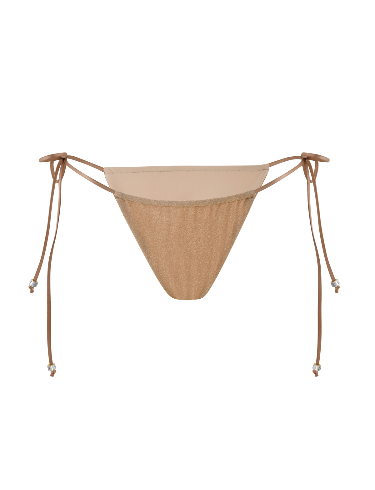 The TIGERMIST AVE BIKINI BOTTOM - GOLD features adjustable side ties with small decorative beads at the ends, a low-rise waist, and is showcased against a white background.