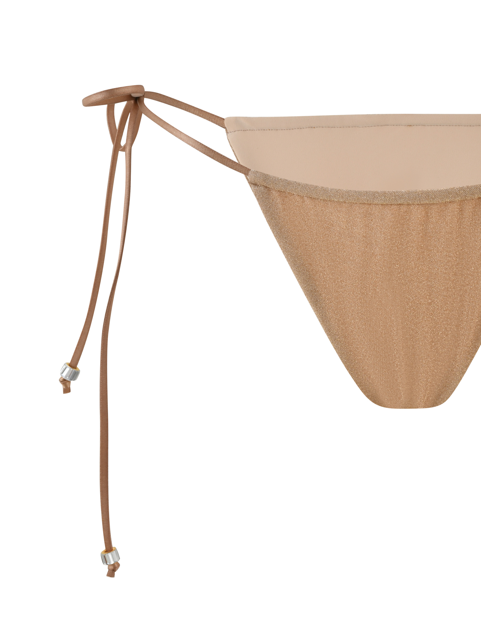 A close-up of the TIGERMIST AVE BIKINI BOTTOM - GOLD showcases its low-rise waist, textured fabric, and adjustable side tie with a silver bead accent. Only one side of the bikini is visible against a white background.