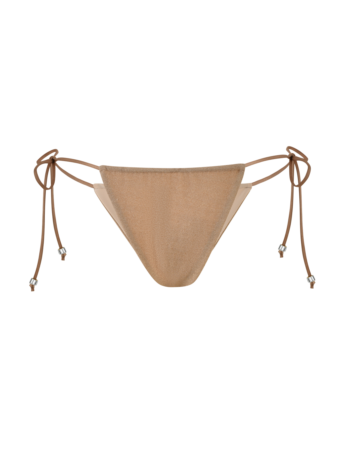 The AVE BIKINI BOTTOM - GOLD by TIGERMIST features a tan color, low-rise waist, thin adjustable side ties, and metallic bead accents, shown on a white background.