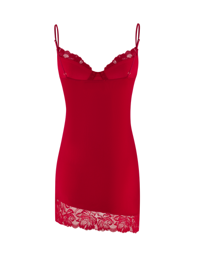 The AISLING DRESS - RED by TIGERMIST features thin shoulder straps, sheer lace at the neckline, and a floral lace hem for an alluring bodycon fit.