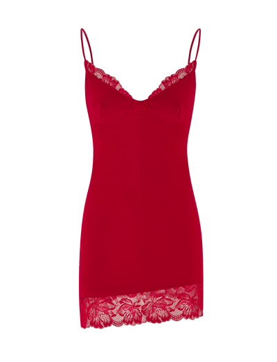 The AISLING DRESS - RED by TIGERMIST is a red satin bodycon slip dress featuring thin straps, lace trim at the neckline, and an asymmetrical lace hem.