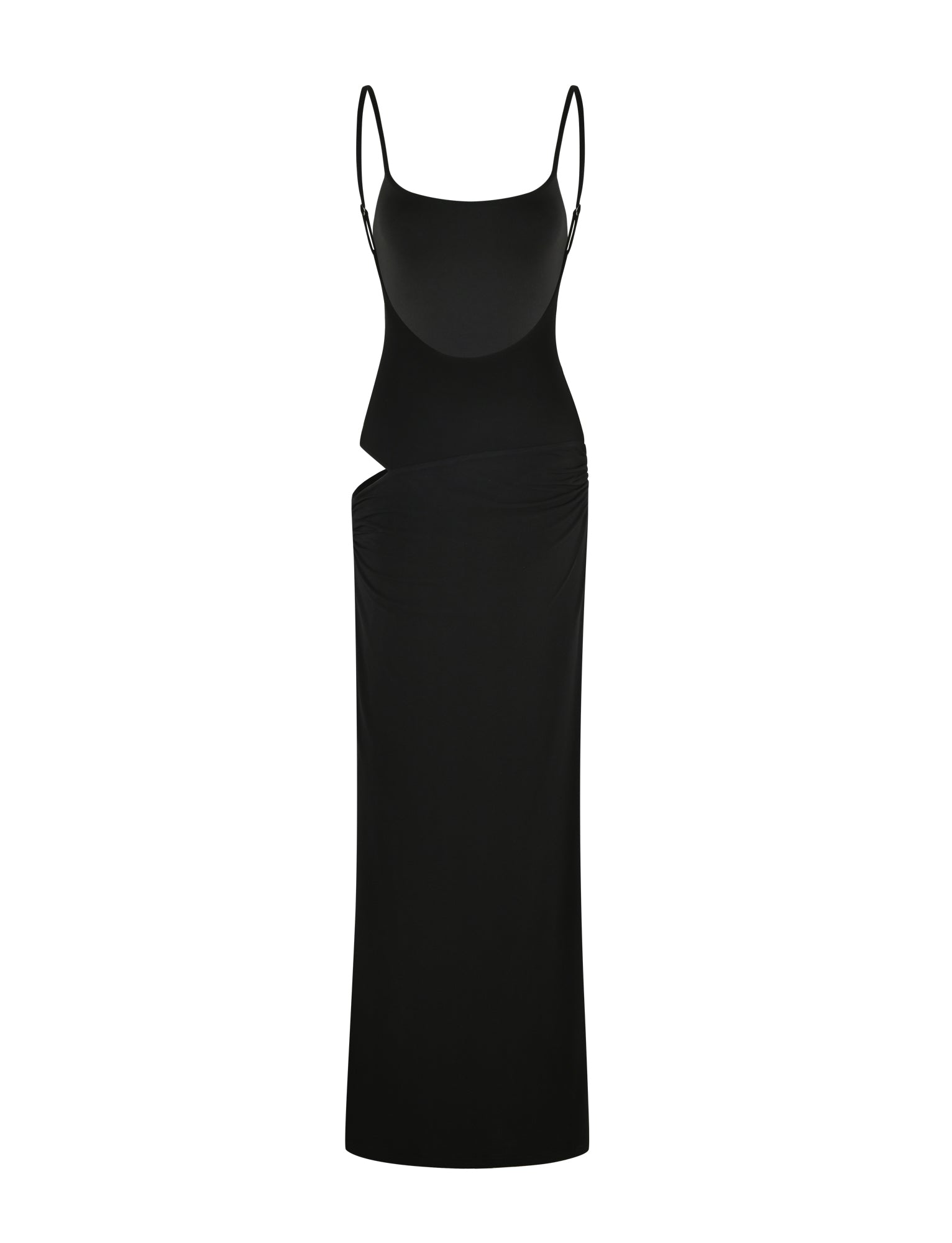 The TIGERMIST UMA DRESS - BLACK is a long, fitted black maxi dress featuring adjustable spaghetti straps and an asymmetrical waist cut-out, shown on a white background.
