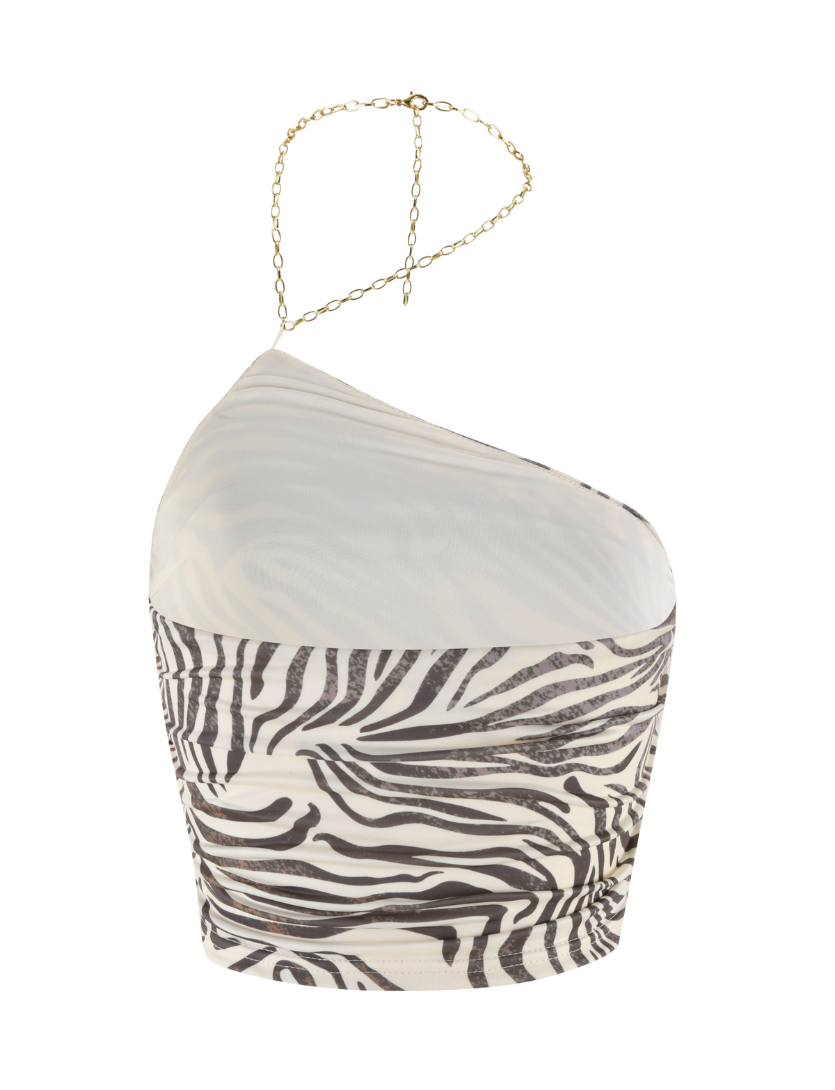 The LYRA TOP - NEUTRAL : ZEBRA by TIGERMIST features an asymmetric one-shoulder design, bold zebra print, bodycon silhouette, and a gold chain strap on the left.