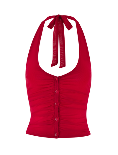 The ZAFIRA TOP - RED by TIGERMIST is a sleeveless, bright red halter neck top with a button-down front, ruched detailing, a bodycon fit, and a tie at the neck.