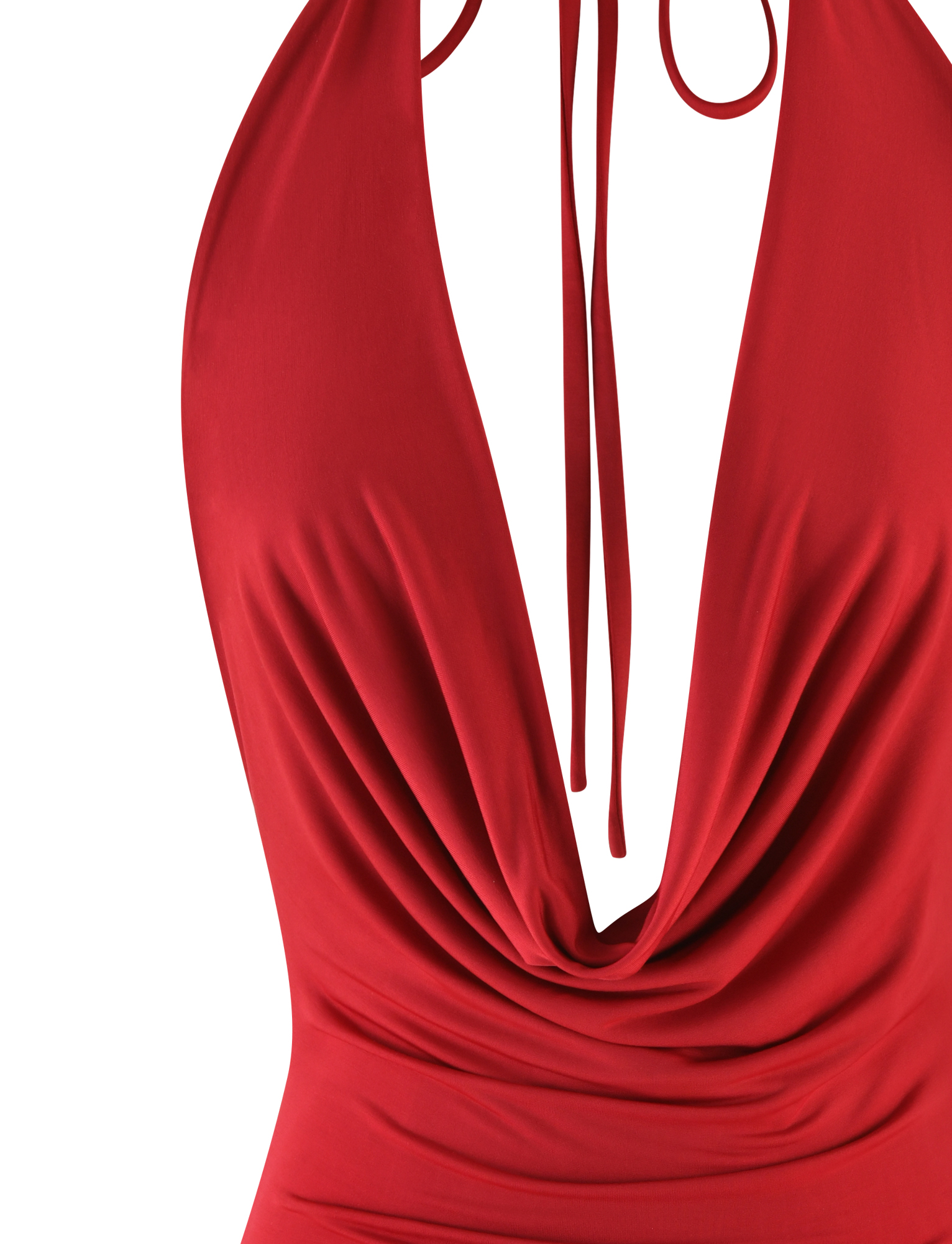 Close-up of the TIGERMIST KEIRA MINI DRESS in dark red, featuring a draped cowl neckline, halter ties at the back, and shiny fabric for a chic mini look.