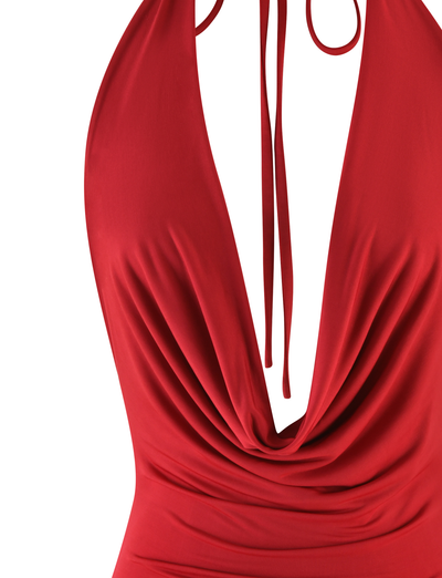 Close-up of the TIGERMIST KEIRA MINI DRESS in dark red, featuring a draped cowl neckline, halter ties at the back, and shiny fabric for a chic mini look.