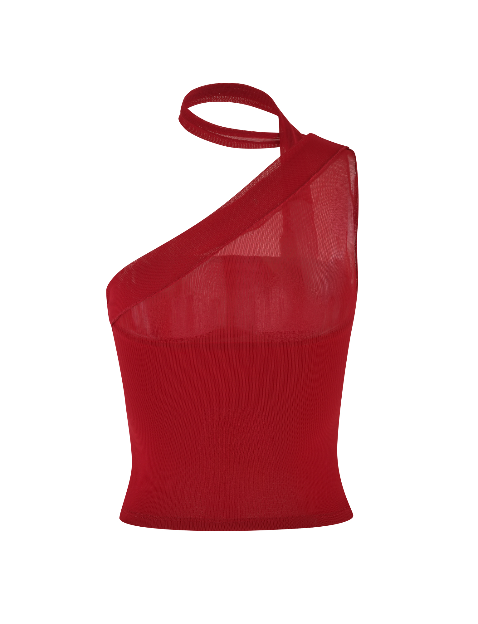 The FIONA TOP - RED by TIGERMIST is a sleeveless, asymmetrical mesh top featuring one shoulder strap and an extra thin strap wrapping around the neck, shown on a white background.