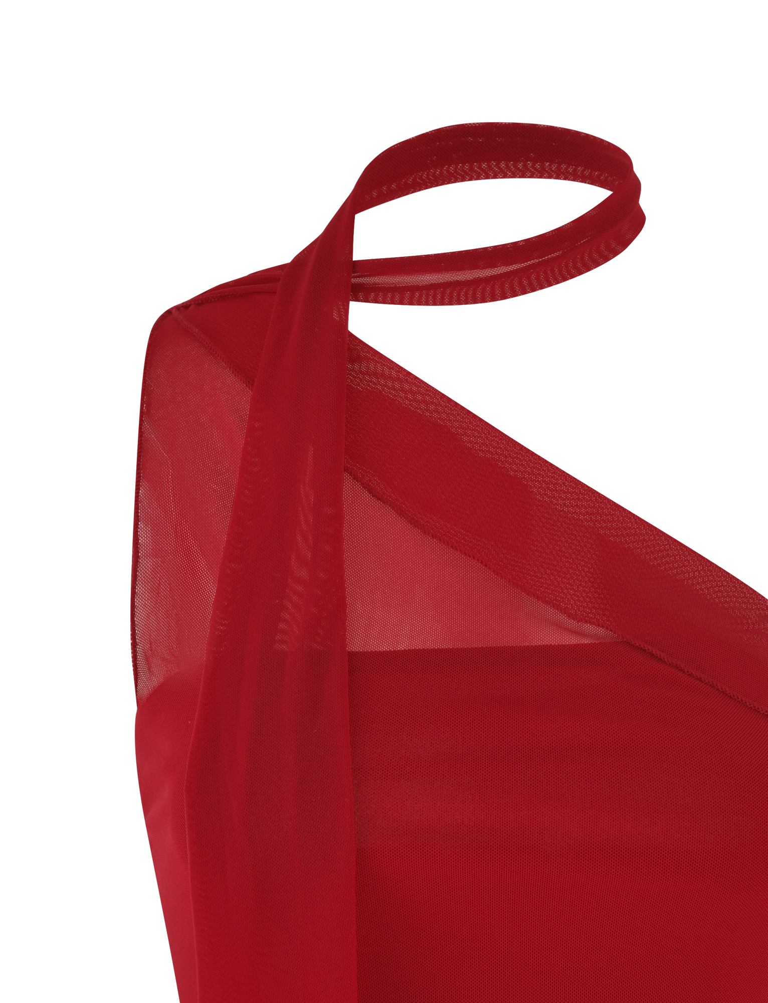 Close-up of the TIGERMIST FIONA TOP - RED, featuring sheer mesh fabric and an asymmetrical single shoulder strap design, set against a white background.